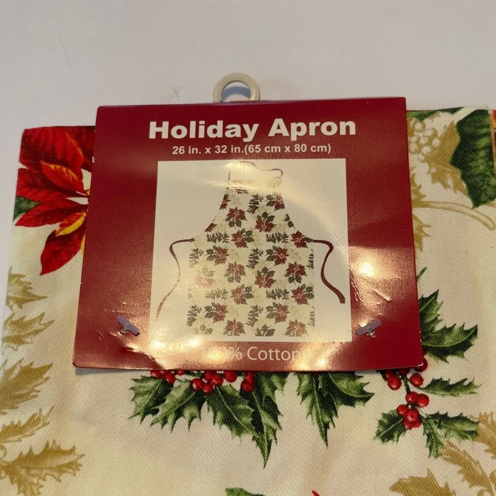 Holiday Apron Christmas Poinsettia Holly Berry 100% Cotton 26x32 Cream Red Green
